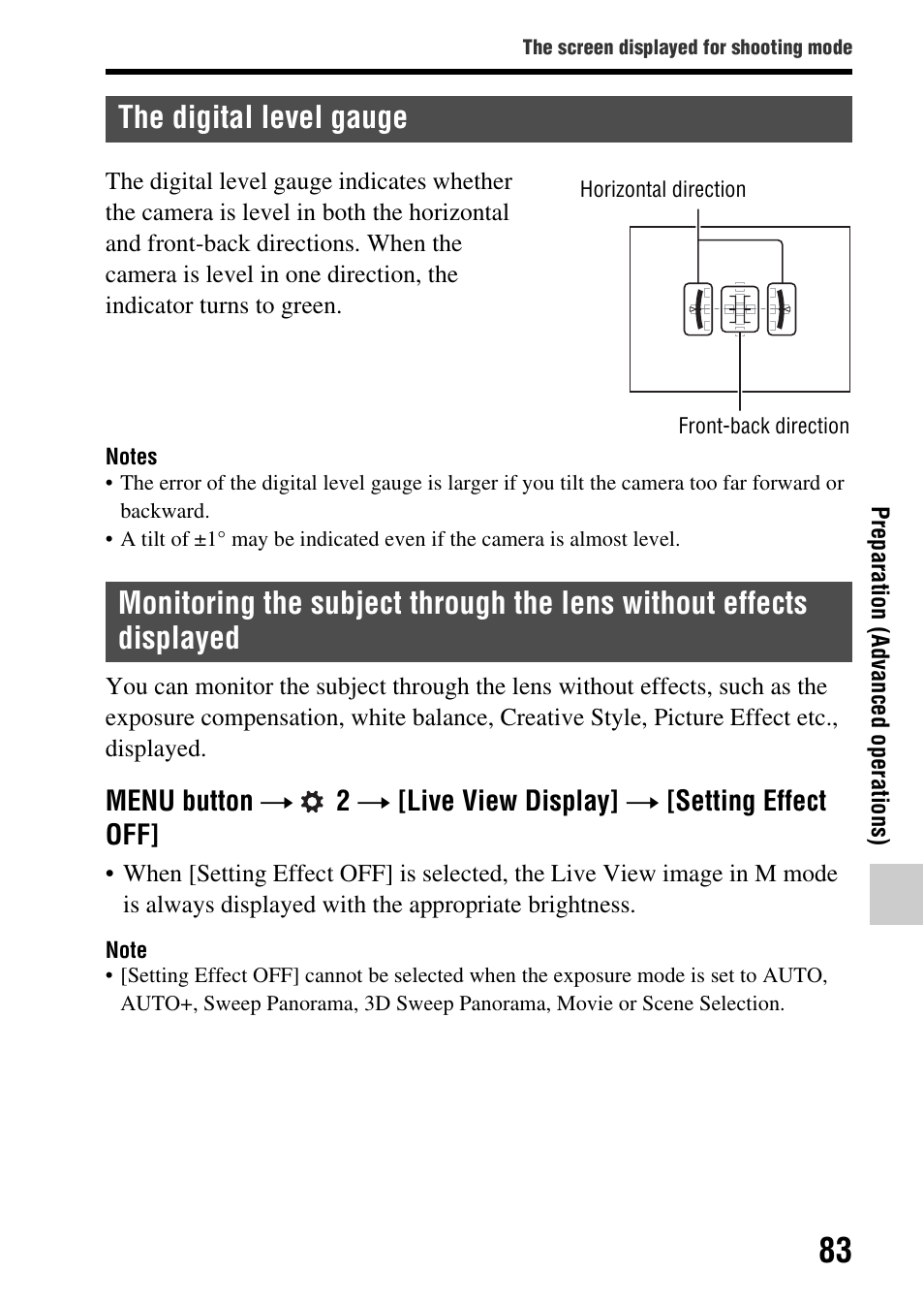 The digital level gauge, Displayed, Off (83) | Sony SLT-A65VL User Manual | Page 83 / 214