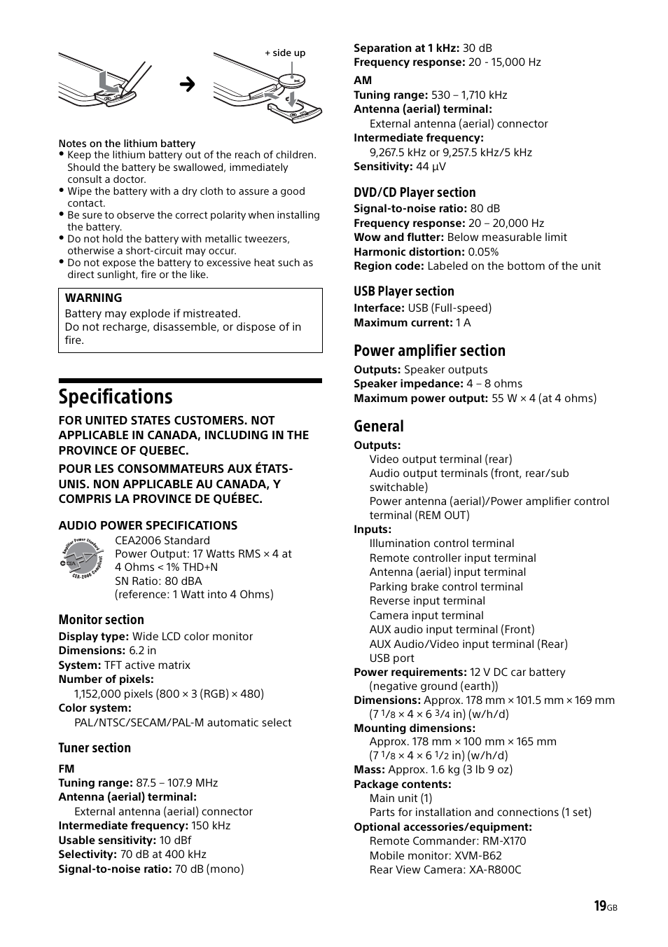 Specifications, General | Sony XAV-65 User Manual | Page 19 / 72