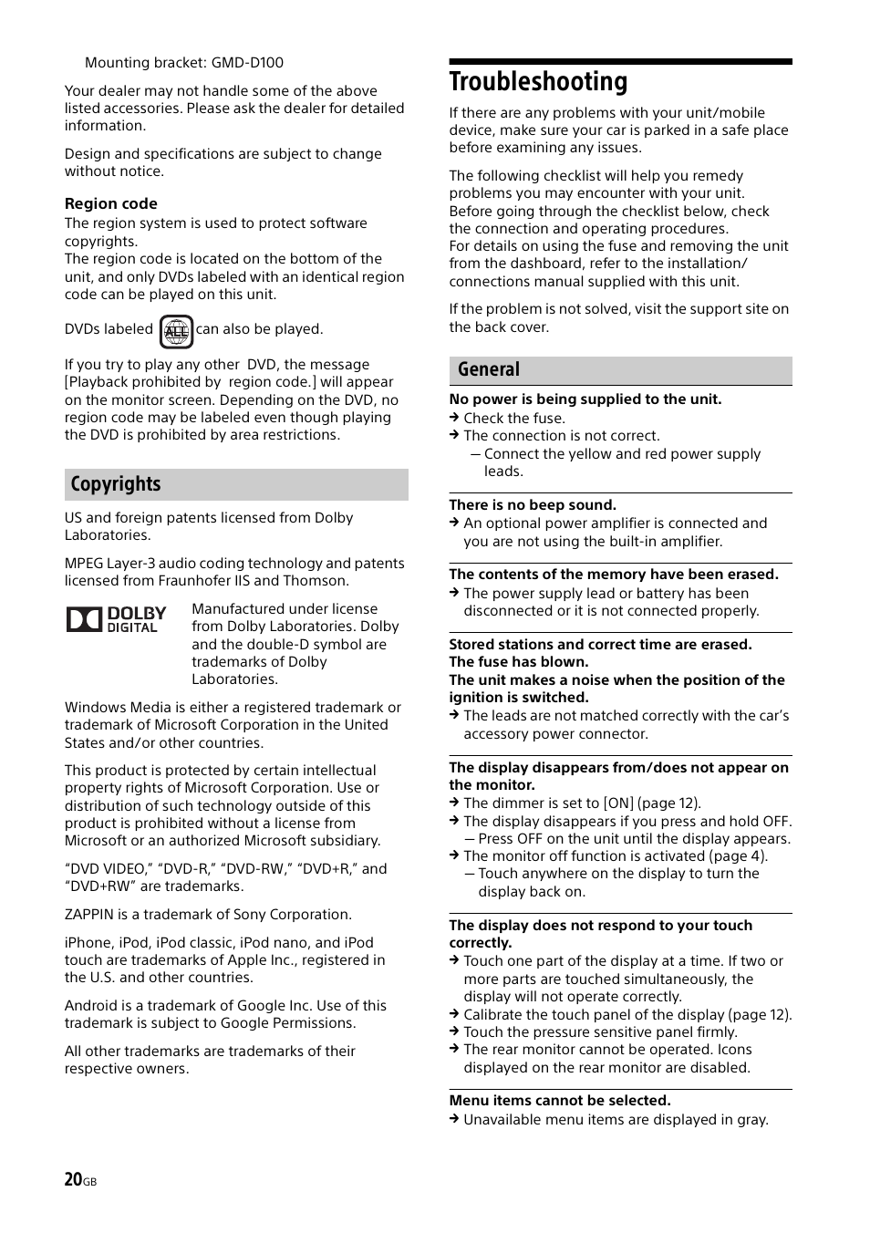 Troubleshooting, Copyrights, General | Sony XAV-65 User Manual | Page 20 / 72