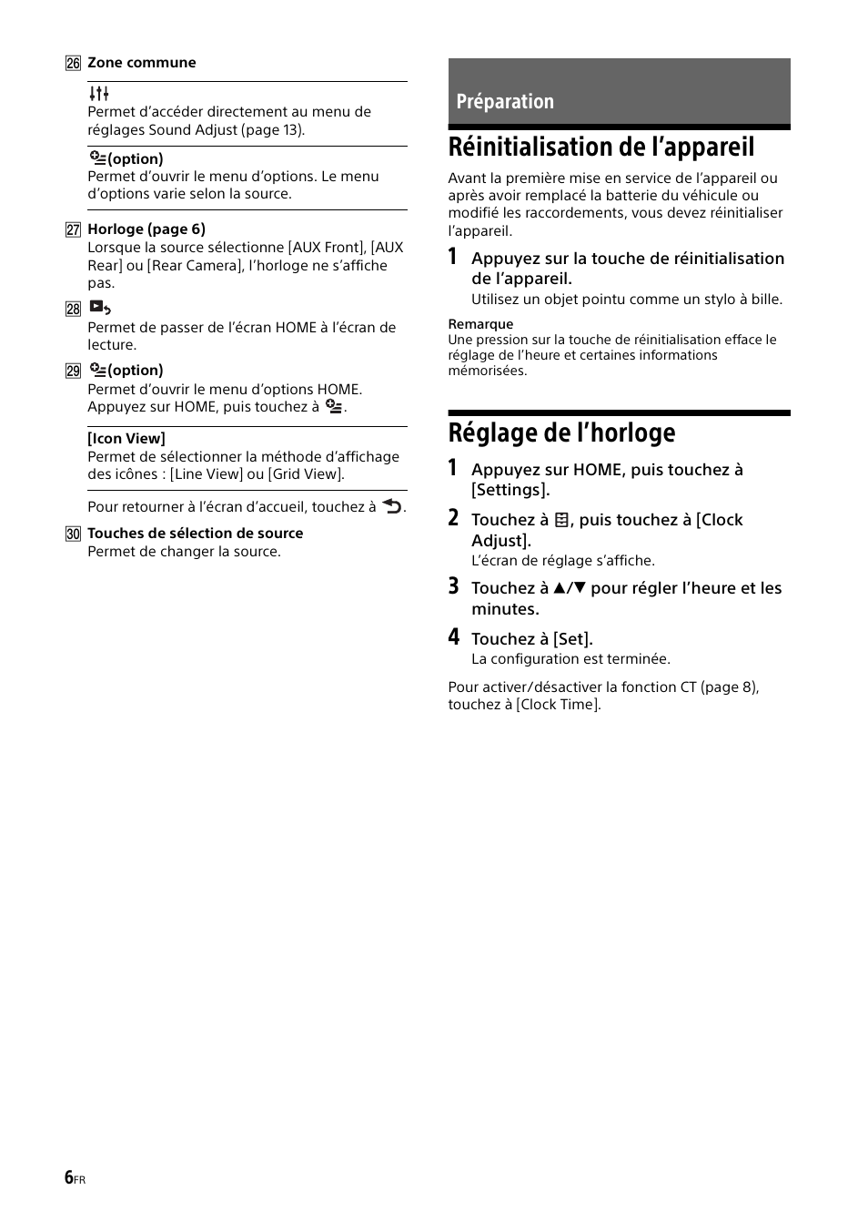 Préparation, Réinitialisation de l’appareil, Réglage de l’horloge | Sony XAV-65 User Manual | Page 28 / 72