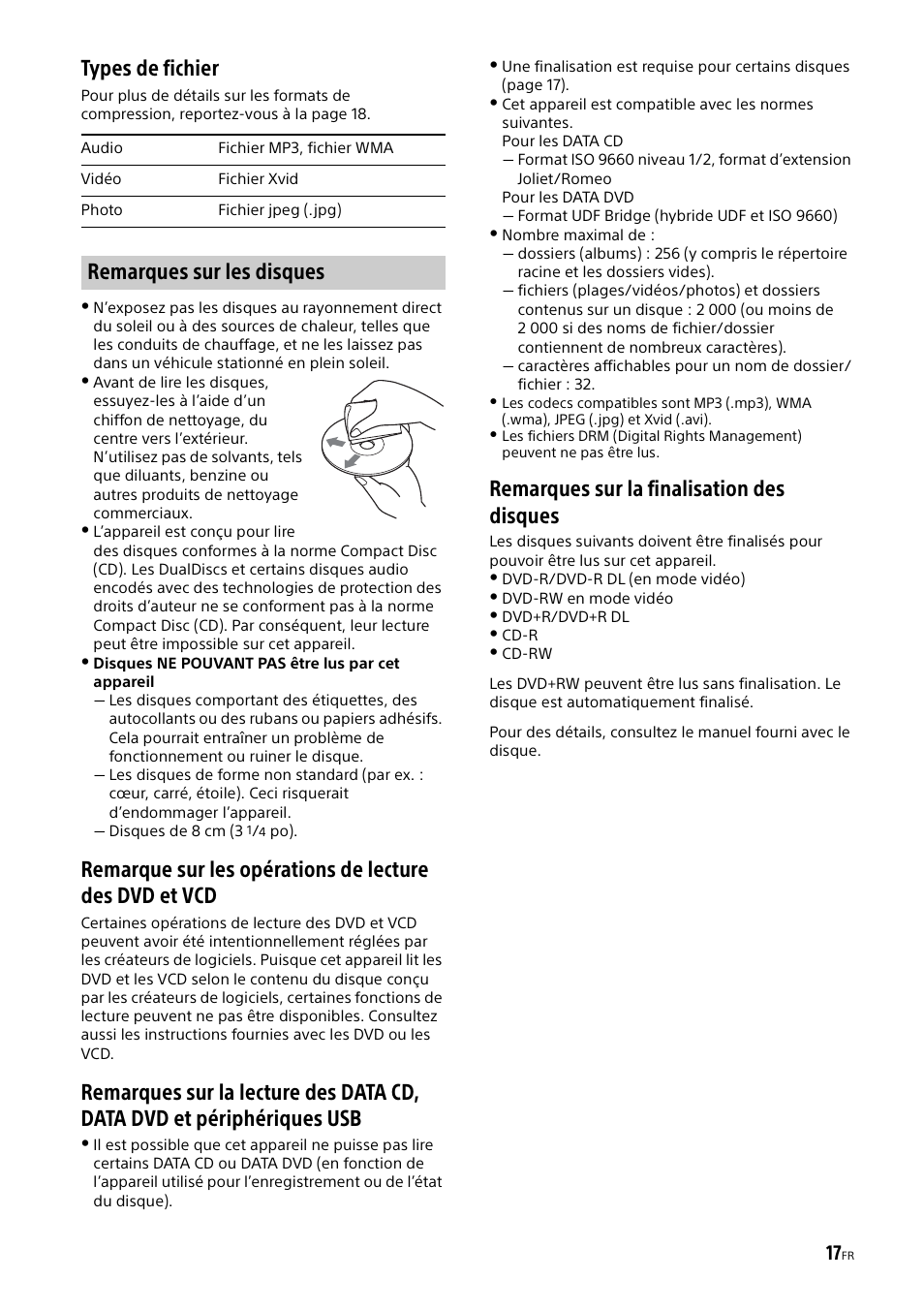 Types de fichier, Remarques sur la finalisation des disques, Remarques sur les disques | Sony XAV-65 User Manual | Page 39 / 72