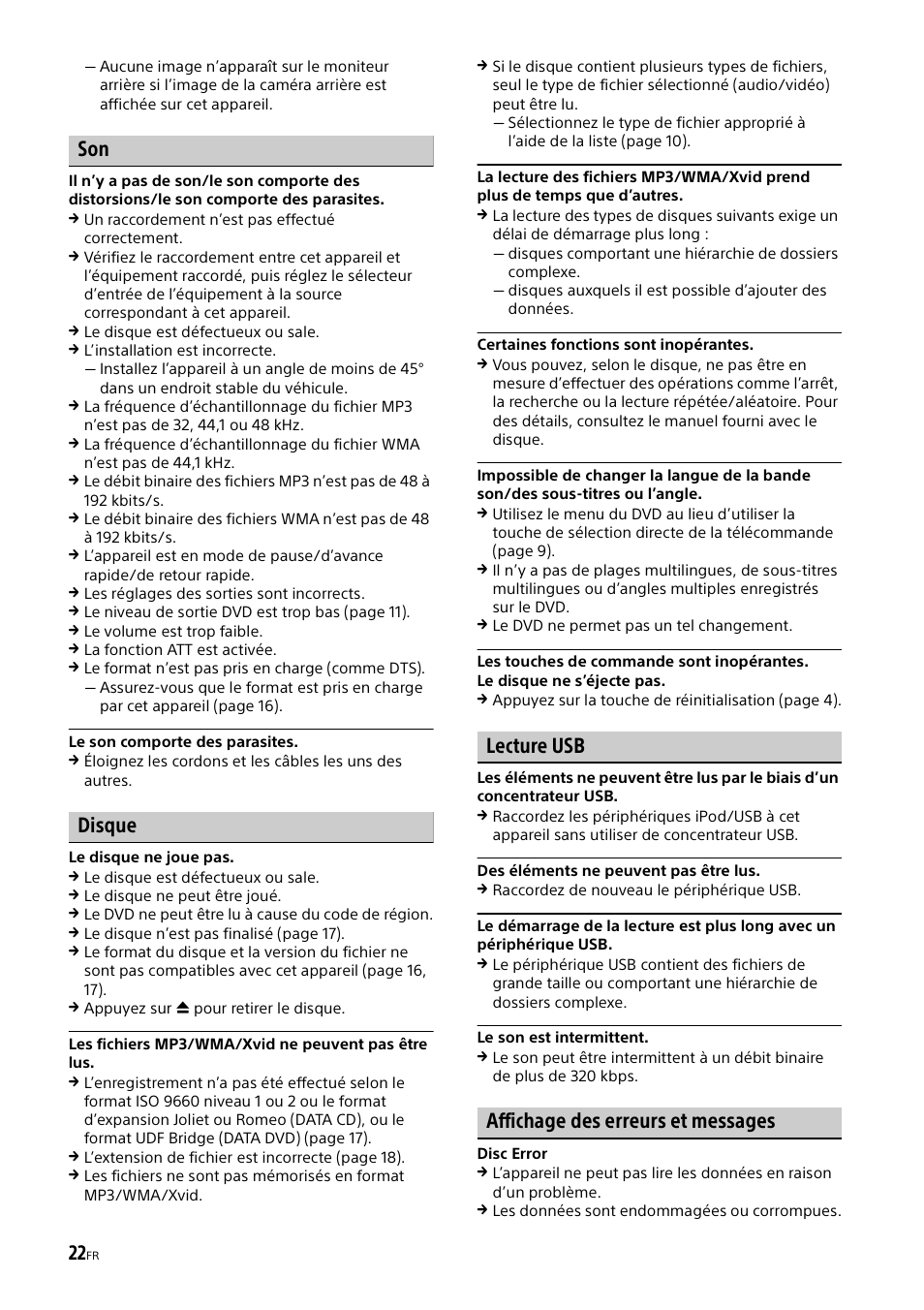 Disque, Lecture usb, Affichage des erreurs et messages | Sony XAV-65 User Manual | Page 44 / 72