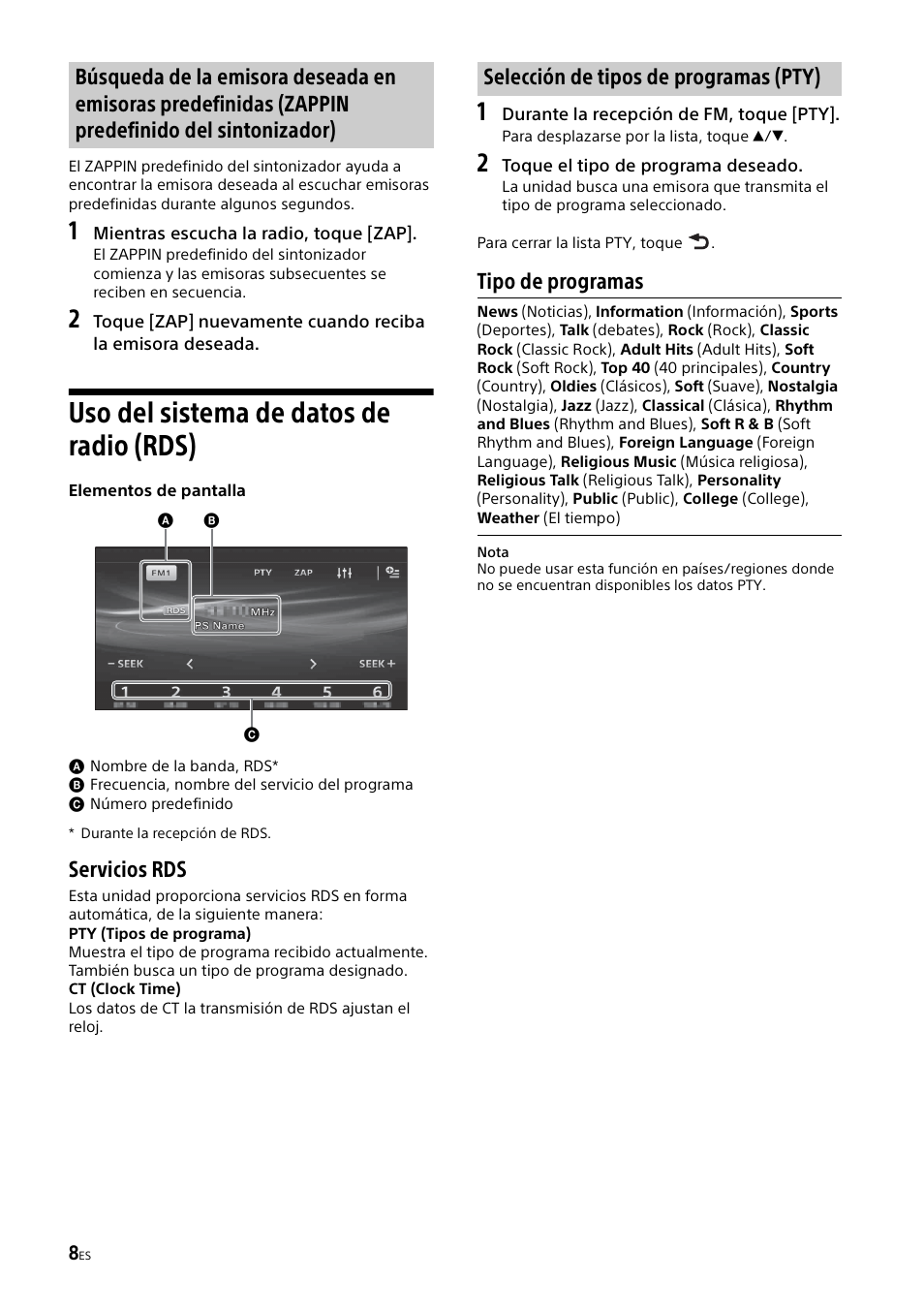 Uso del sistema de datos de radio (rds), Servicios rds, Tipo de programas | Selección de tipos de programas (pty) | Sony XAV-65 User Manual | Page 54 / 72
