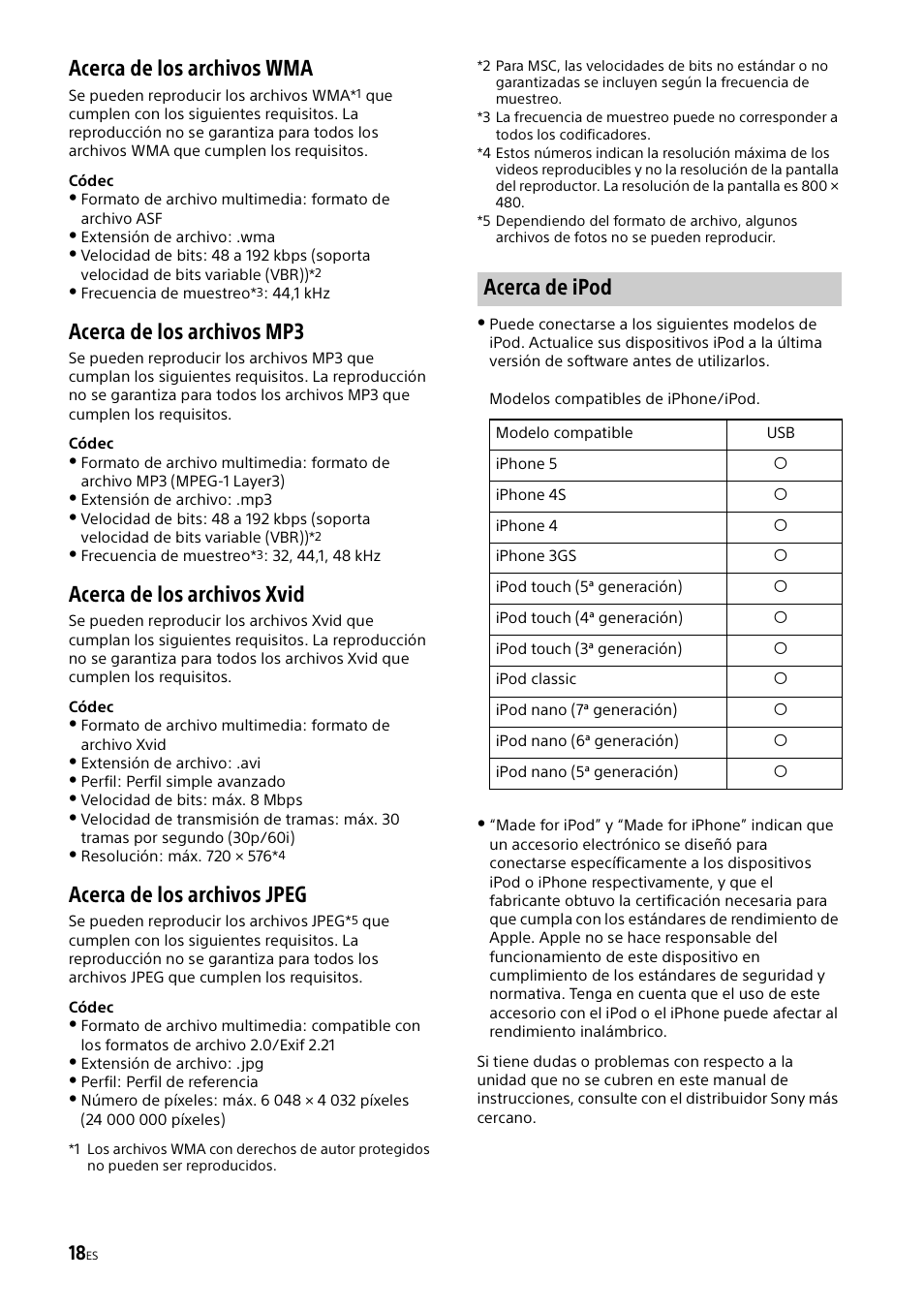 Acerca de los archivos wma, Acerca de los archivos mp3, Acerca de los archivos xvid | Acerca de los archivos jpeg, Acerca de ipod | Sony XAV-65 User Manual | Page 64 / 72