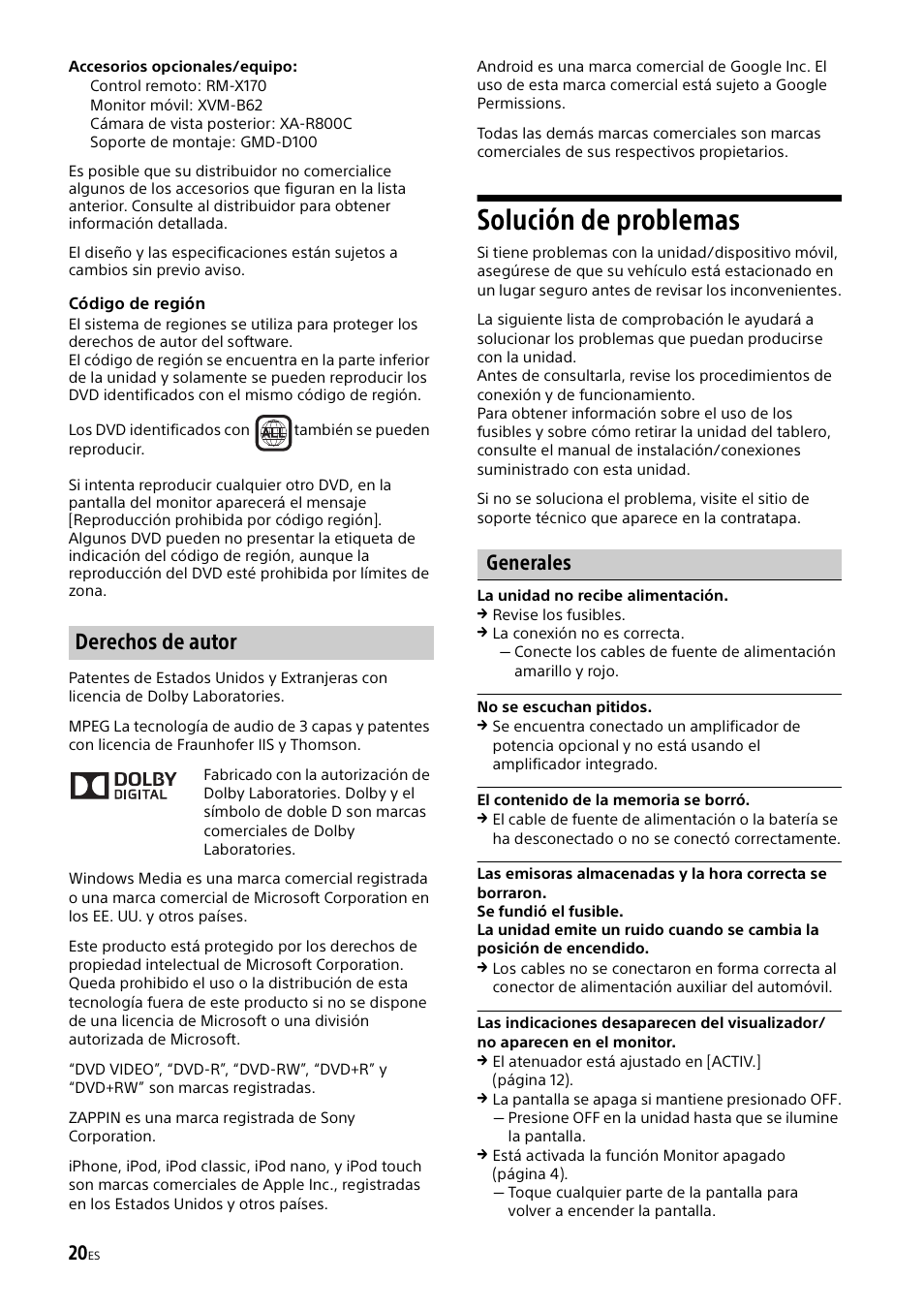 Solución de problemas, Derechos de autor, Generales | Sony XAV-65 User Manual | Page 66 / 72