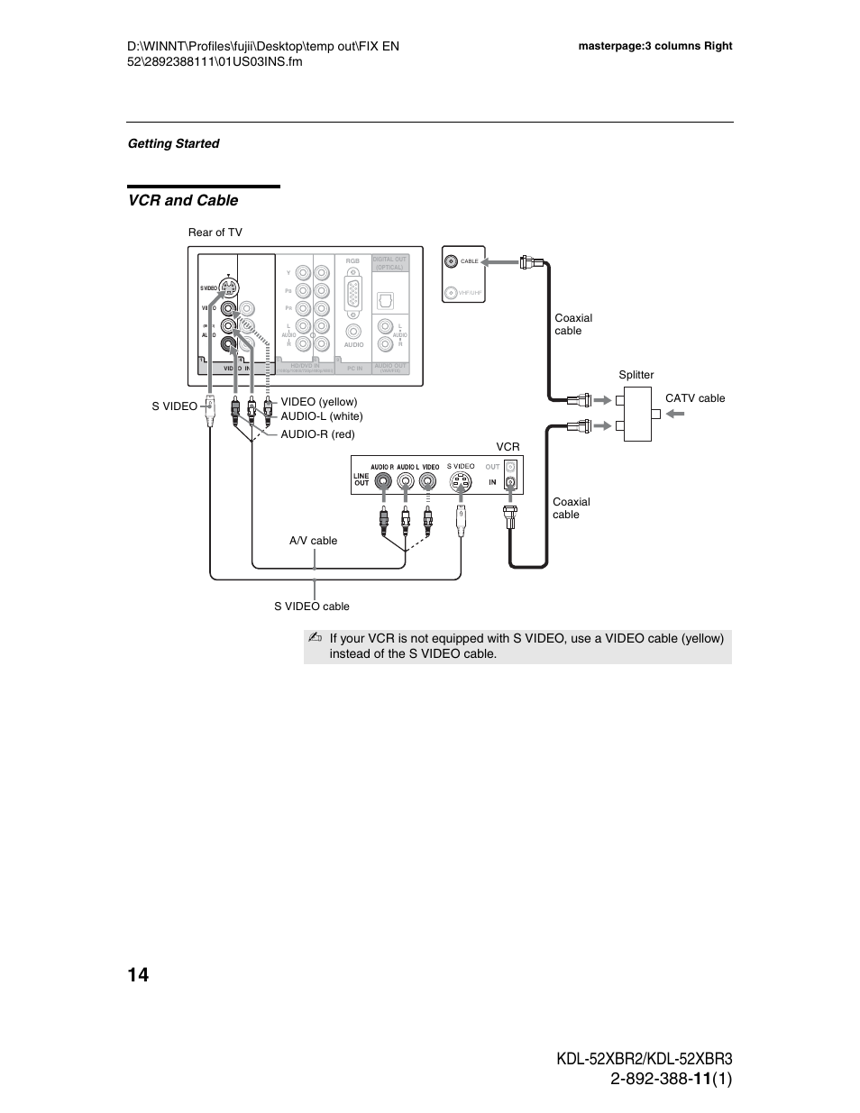 Vcr and cable, Getting started | Sony KDL-52XBR3 User Manual | Page 14 / 56
