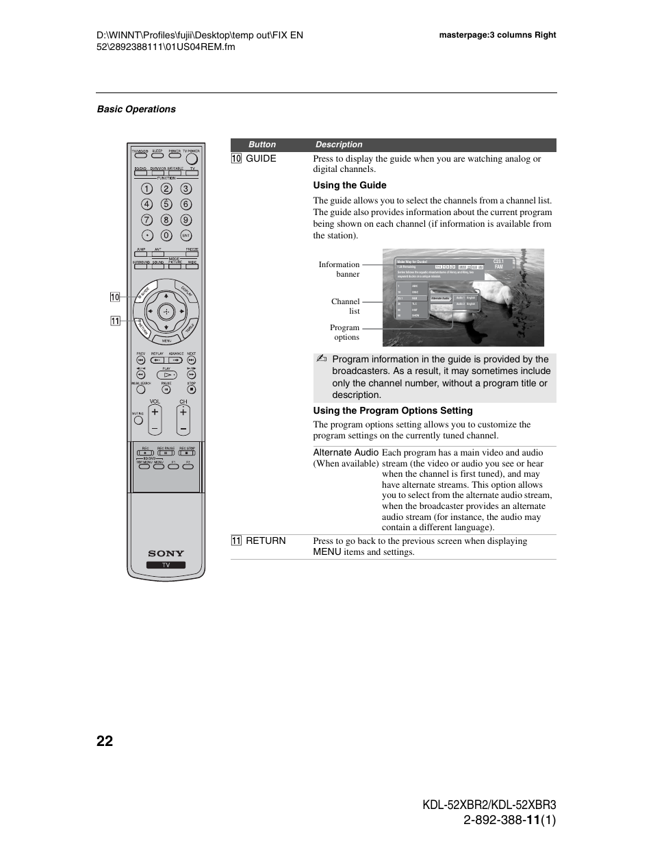 Basic operations | Sony KDL-52XBR3 User Manual | Page 22 / 56