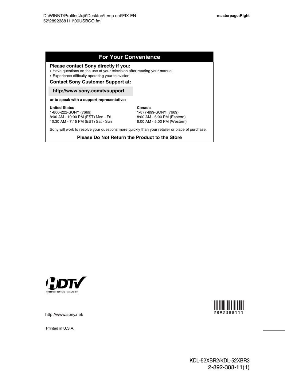 For your convenience | Sony KDL-52XBR3 User Manual | Page 56 / 56