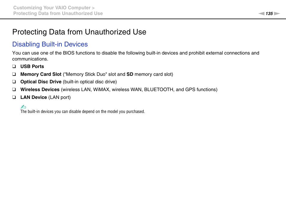 Protecting data from unauthorized use, Disabling built-in devices | Sony VPCSE23FX User Manual | Page 135 / 212