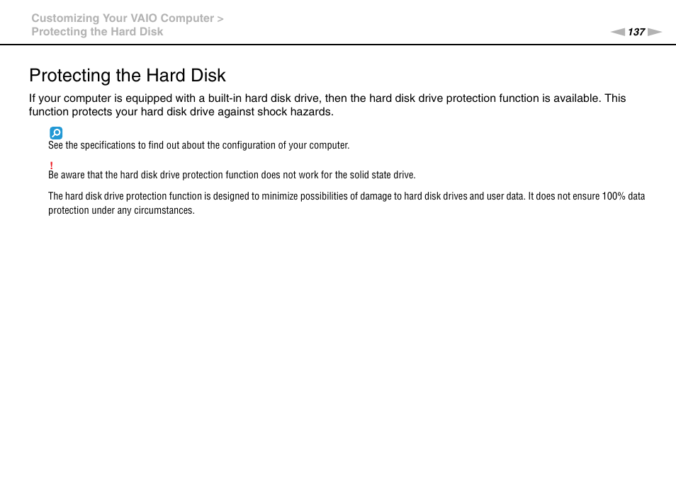 Protecting the hard disk | Sony VPCSE23FX User Manual | Page 137 / 212