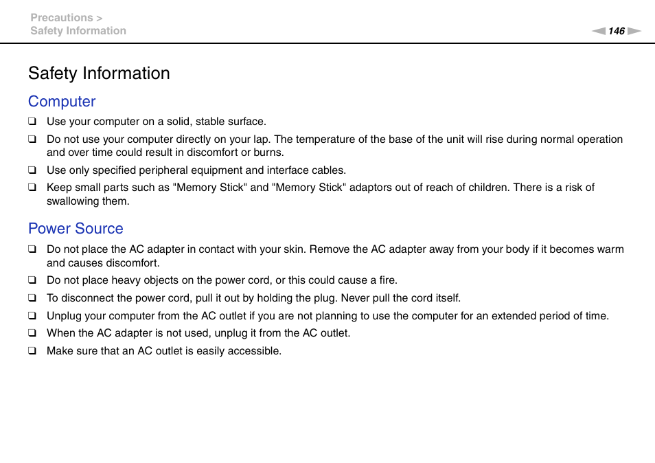 Safety information, Computer, Power source | Sony VPCSE23FX User Manual | Page 146 / 212