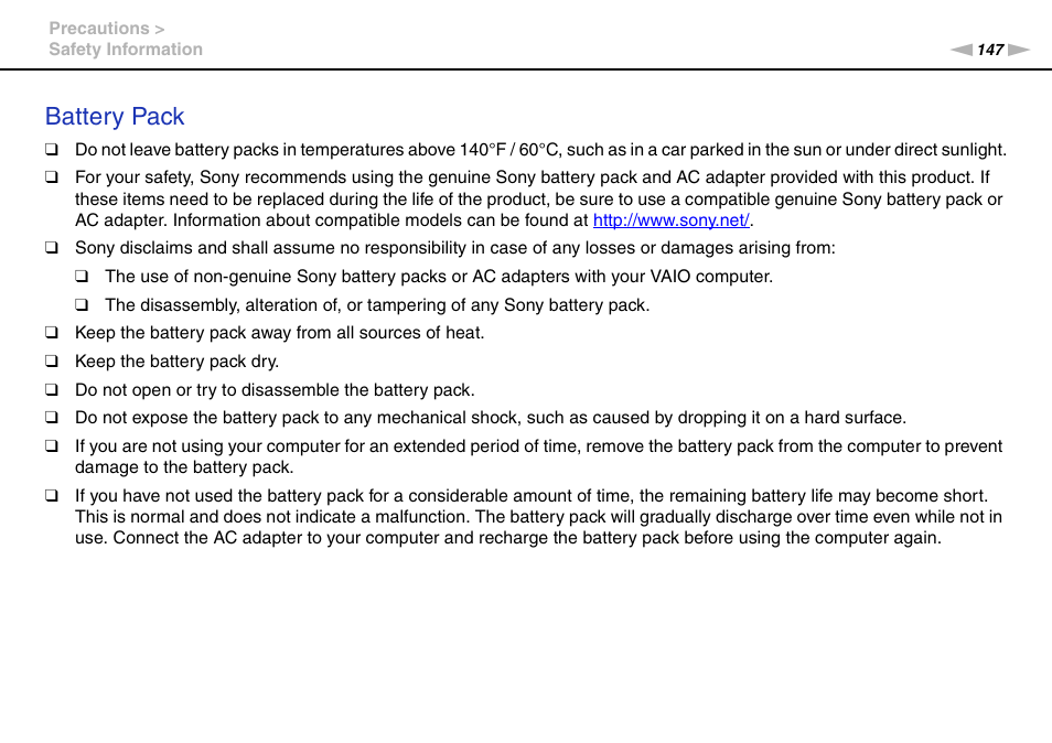 Battery pack | Sony VPCSE23FX User Manual | Page 147 / 212