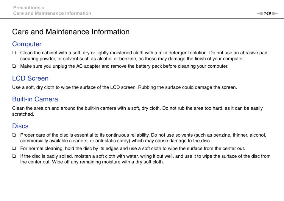 Care and maintenance information, Computer, Lcd screen | Built-in camera, Discs | Sony VPCSE23FX User Manual | Page 149 / 212