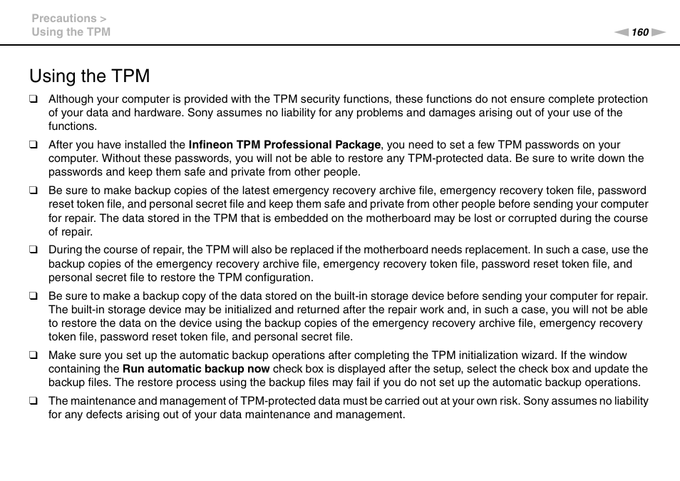 Using the tpm | Sony VPCSE23FX User Manual | Page 160 / 212