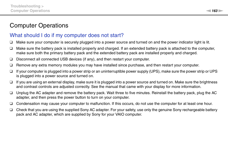 Computer operations, What should i do if my computer does not start | Sony VPCSE23FX User Manual | Page 163 / 212