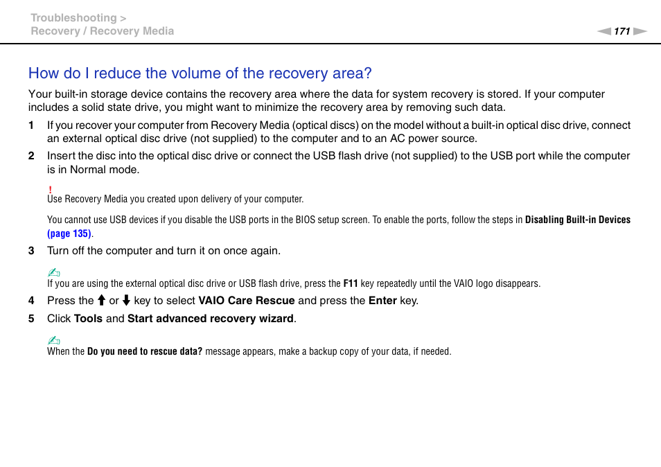 How do i reduce the volume of the recovery area | Sony VPCSE23FX User Manual | Page 171 / 212