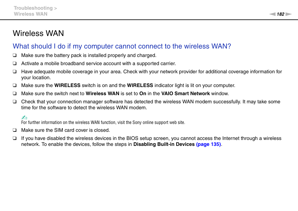 Wireless wan | Sony VPCSE23FX User Manual | Page 182 / 212