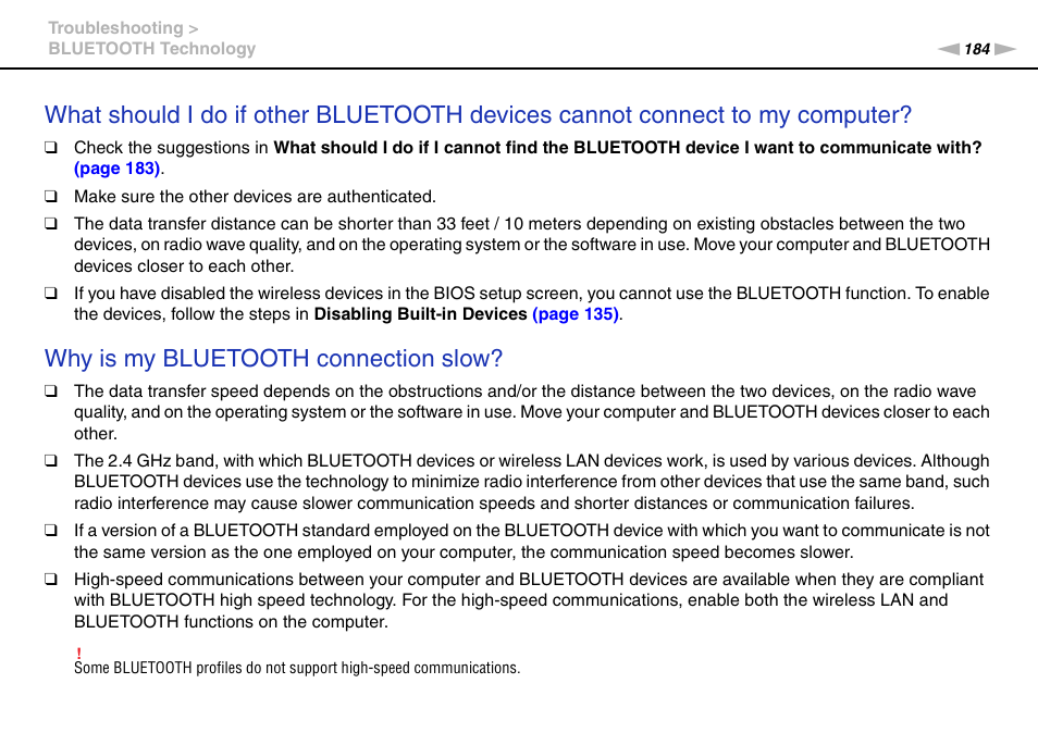 Why is my bluetooth connection slow | Sony VPCSE23FX User Manual | Page 184 / 212