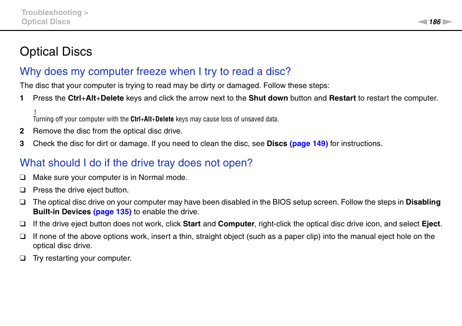 Optical discs, What should i do if the drive tray does not open | Sony VPCSE23FX User Manual | Page 186 / 212