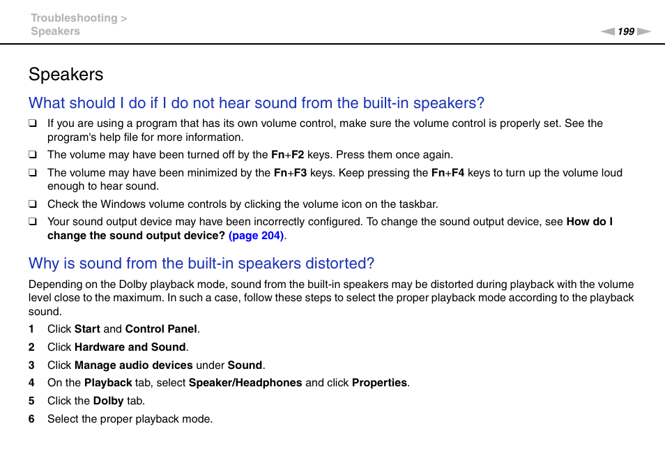Speakers, Why is sound from the built-in speakers distorted | Sony VPCSE23FX User Manual | Page 199 / 212