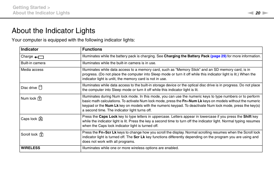 About the indicator lights | Sony VPCSE23FX User Manual | Page 20 / 212