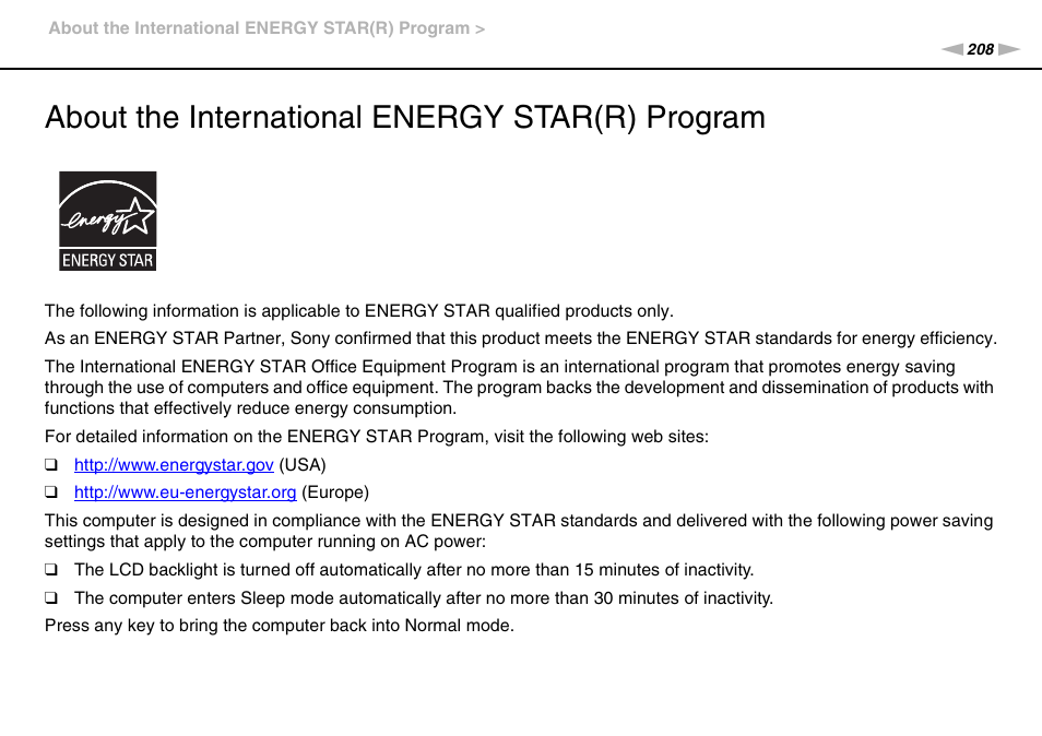 About the international energy star(r) program | Sony VPCSE23FX User Manual | Page 208 / 212