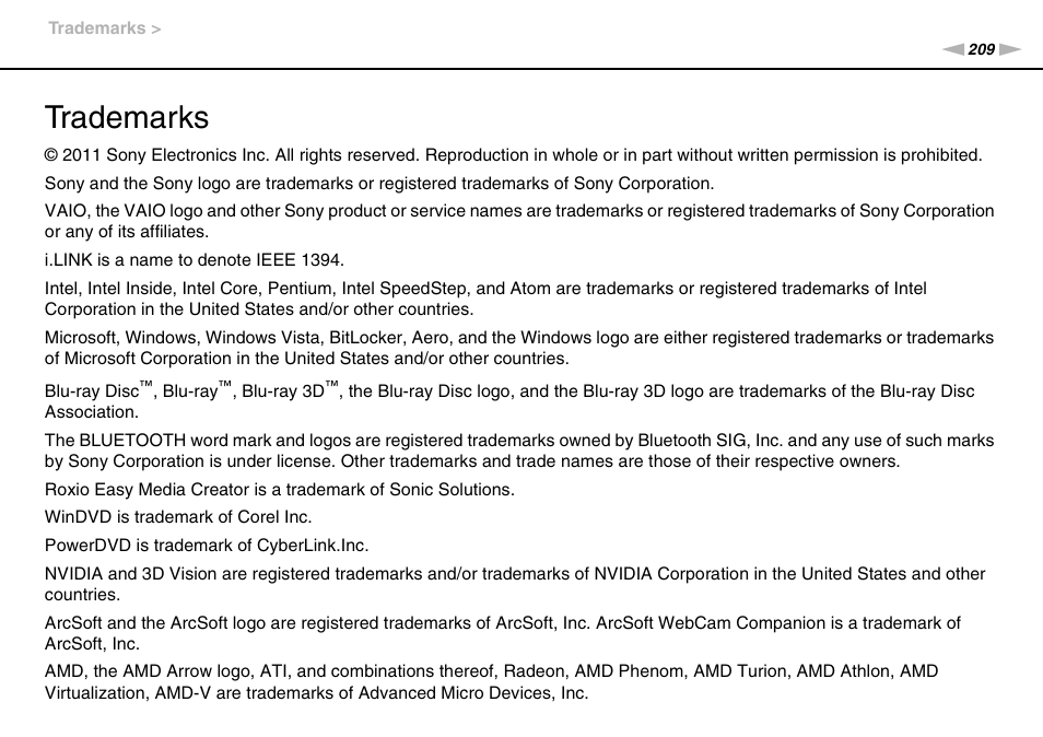Trademarks | Sony VPCSE23FX User Manual | Page 209 / 212