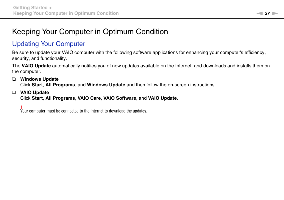 Keeping your computer in optimum condition, Updating your computer | Sony VPCSE23FX User Manual | Page 37 / 212