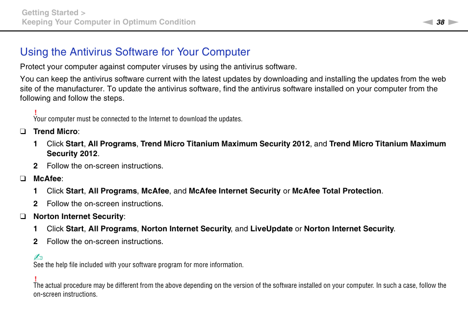 Using the antivirus software for your computer | Sony VPCSE23FX User Manual | Page 38 / 212