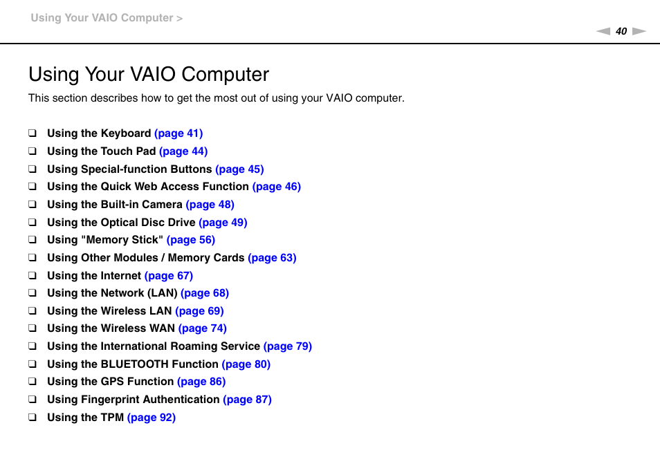 Using your vaio computer | Sony VPCSE23FX User Manual | Page 40 / 212