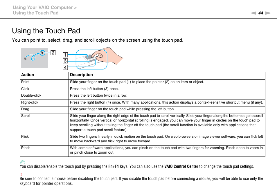 Using the touch pad | Sony VPCSE23FX User Manual | Page 44 / 212