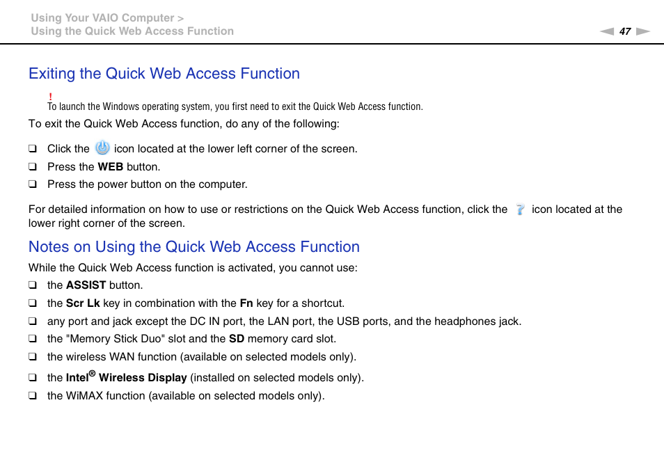 Exiting the quick web access function | Sony VPCSE23FX User Manual | Page 47 / 212
