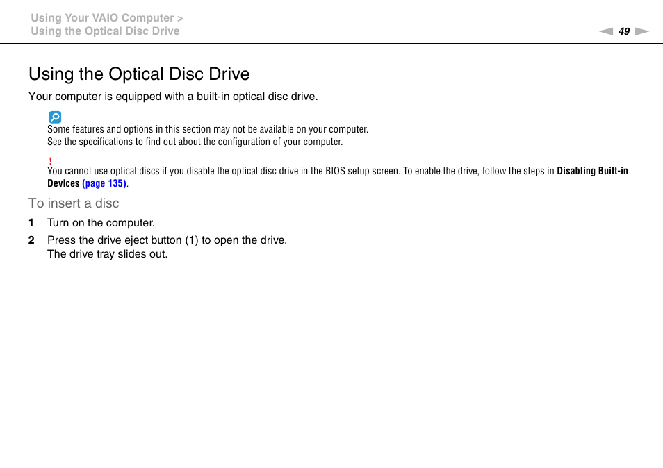 Using the optical disc drive | Sony VPCSE23FX User Manual | Page 49 / 212