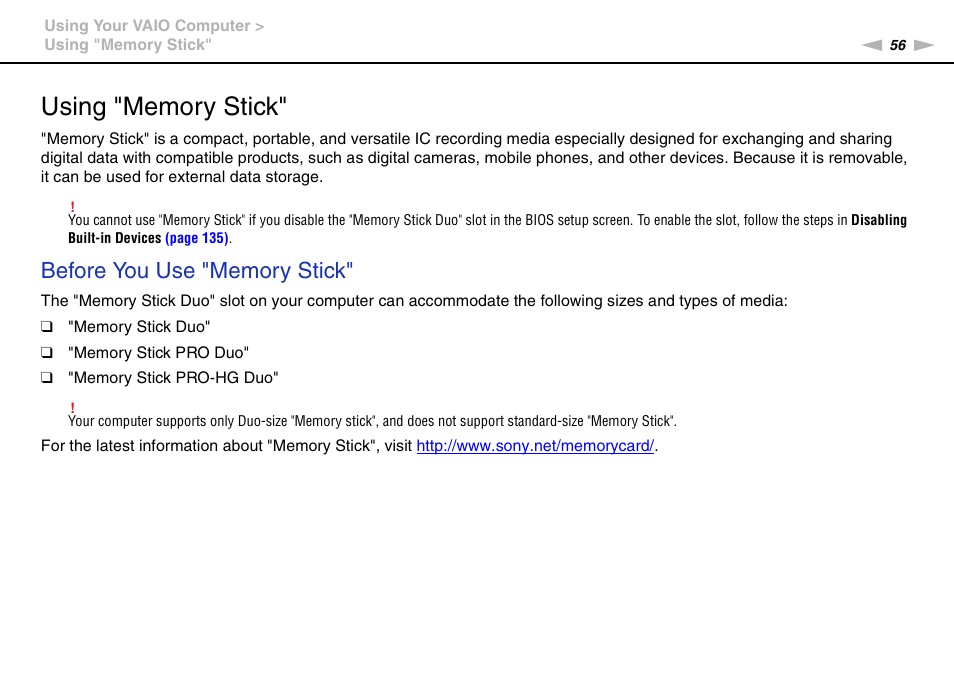Using "memory stick | Sony VPCSE23FX User Manual | Page 56 / 212