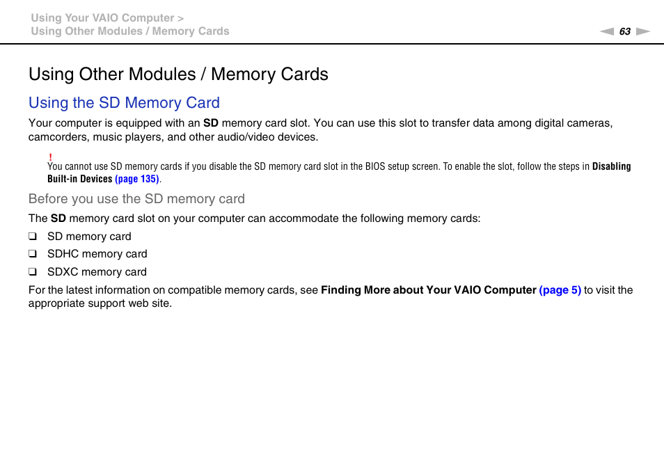 Using other modules / memory cards | Sony VPCSE23FX User Manual | Page 63 / 212