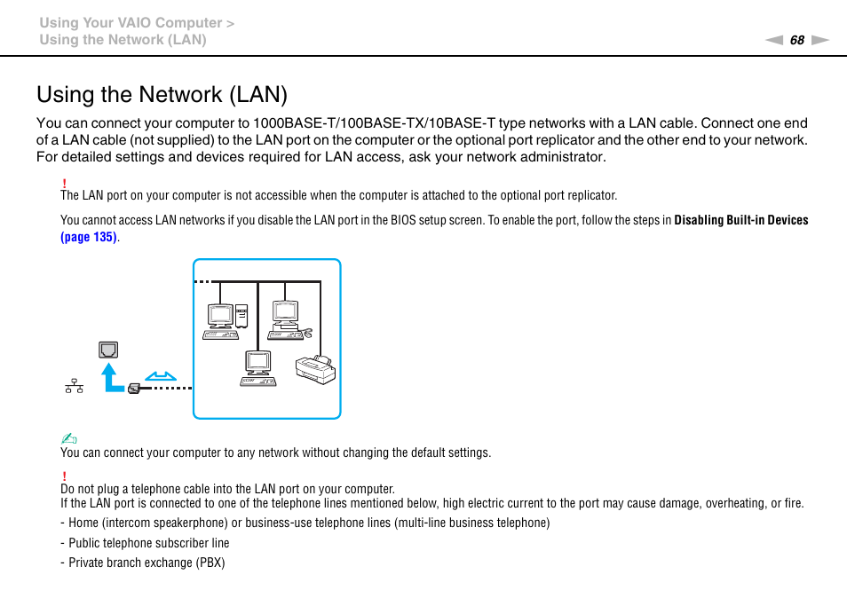Using the network (lan) | Sony VPCSE23FX User Manual | Page 68 / 212