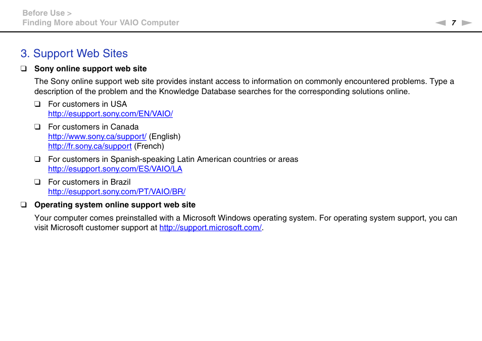 Support web sites | Sony VPCSE23FX User Manual | Page 7 / 212