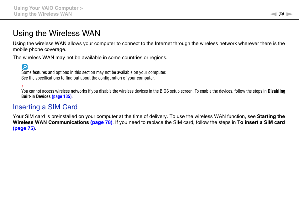 Using the wireless wan, Inserting a sim card | Sony VPCSE23FX User Manual | Page 74 / 212