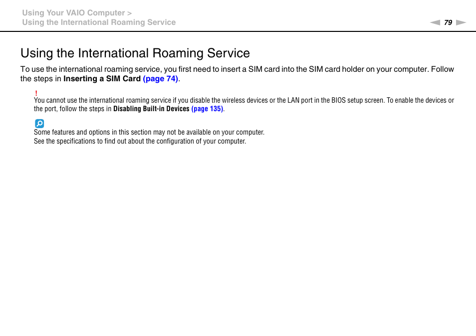 Using the international roaming service | Sony VPCSE23FX User Manual | Page 79 / 212