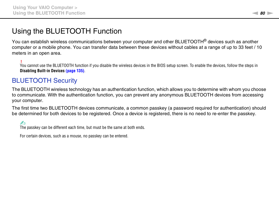 Using the bluetooth function, Bluetooth security | Sony VPCSE23FX User Manual | Page 80 / 212