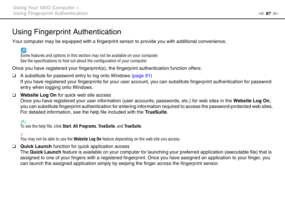 Using fingerprint authentication, Tion | Sony VPCSE23FX User Manual | Page 87 / 212