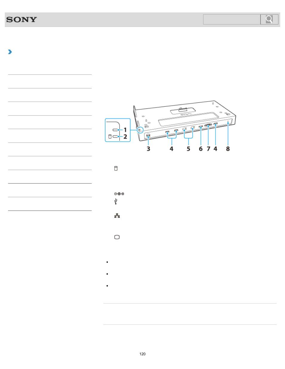 Parts and controls on the port replicator, How to use, Search | Sony SVS1511BFXB User Manual | Page 120 / 407