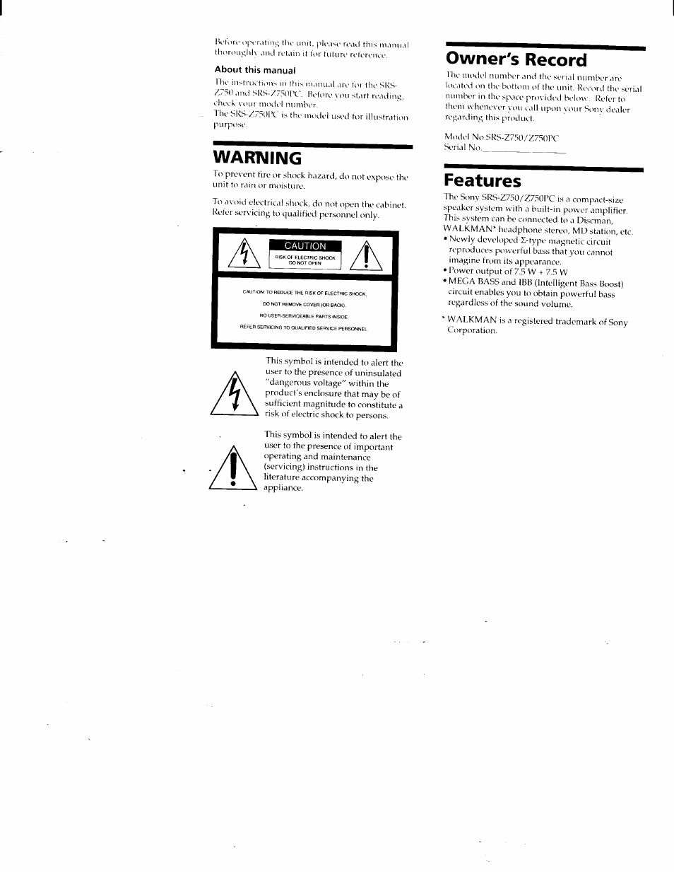 Warning, Owner's record, Features | Sony SRS-Z750 User Manual | Page 2 / 10