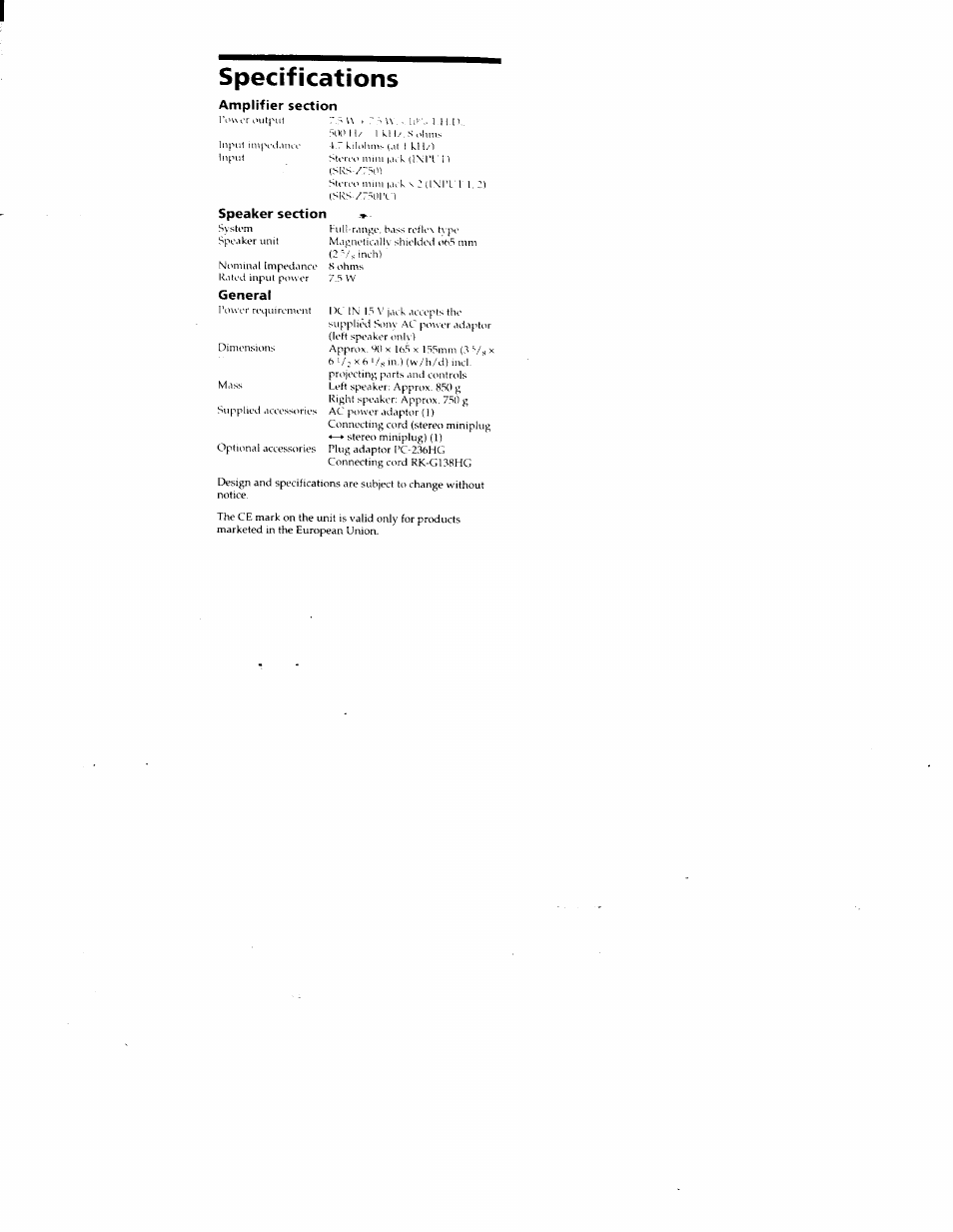 Specifications, U i w, - i, Sks-/r | Sony SRS-Z750 User Manual | Page 6 / 10
