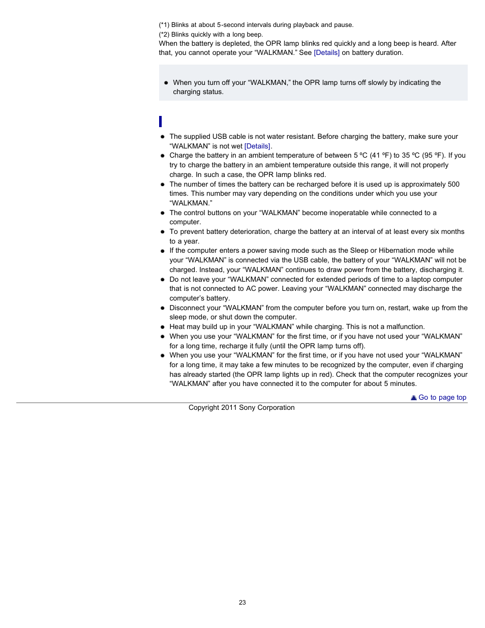 Notes on charging the battery | Sony NWZ-W262BLK User Manual | Page 23 / 80