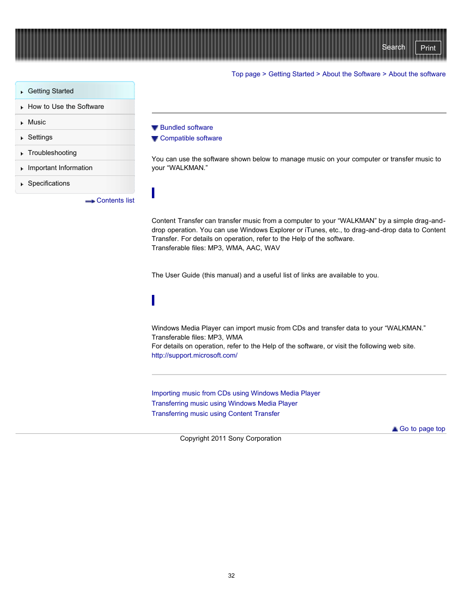 About the software, Details | Sony NWZ-W262BLK User Manual | Page 32 / 80