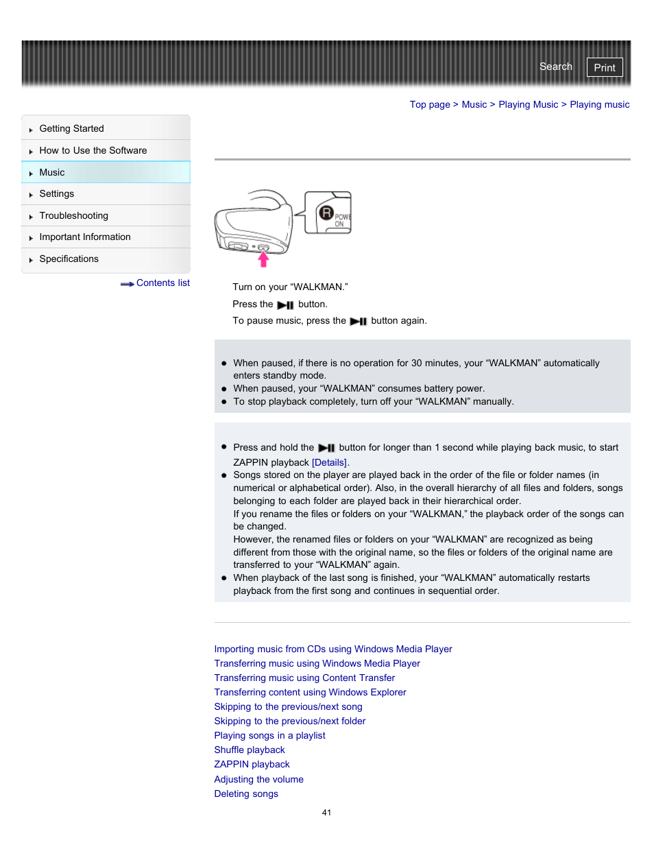 Playing music, Details | Sony NWZ-W262BLK User Manual | Page 41 / 80