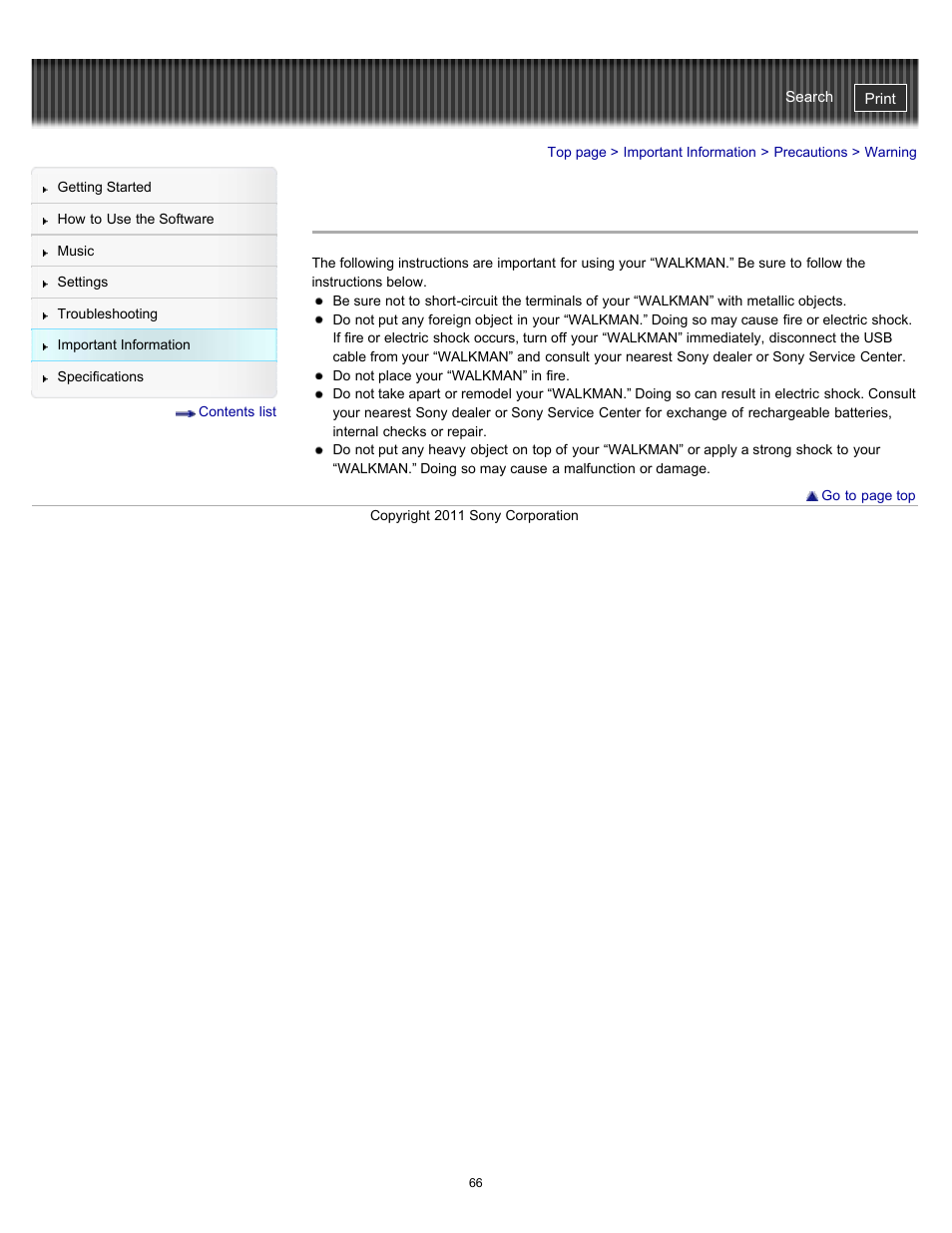 Warning | Sony NWZ-W262BLK User Manual | Page 66 / 80
