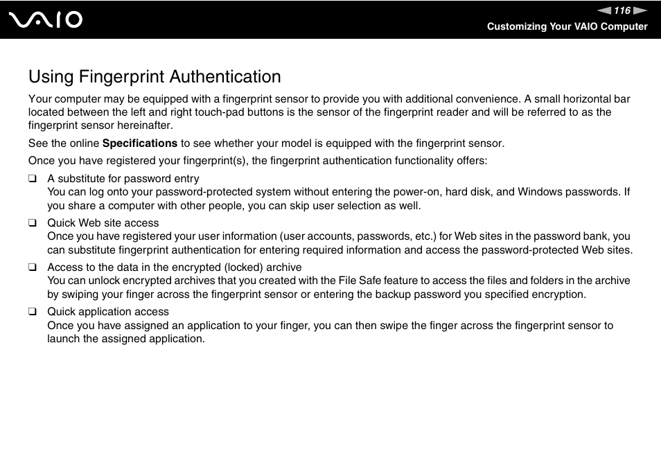 Using fingerprint authentication, Tion | Sony VGN-SZ440 User Manual | Page 116 / 239