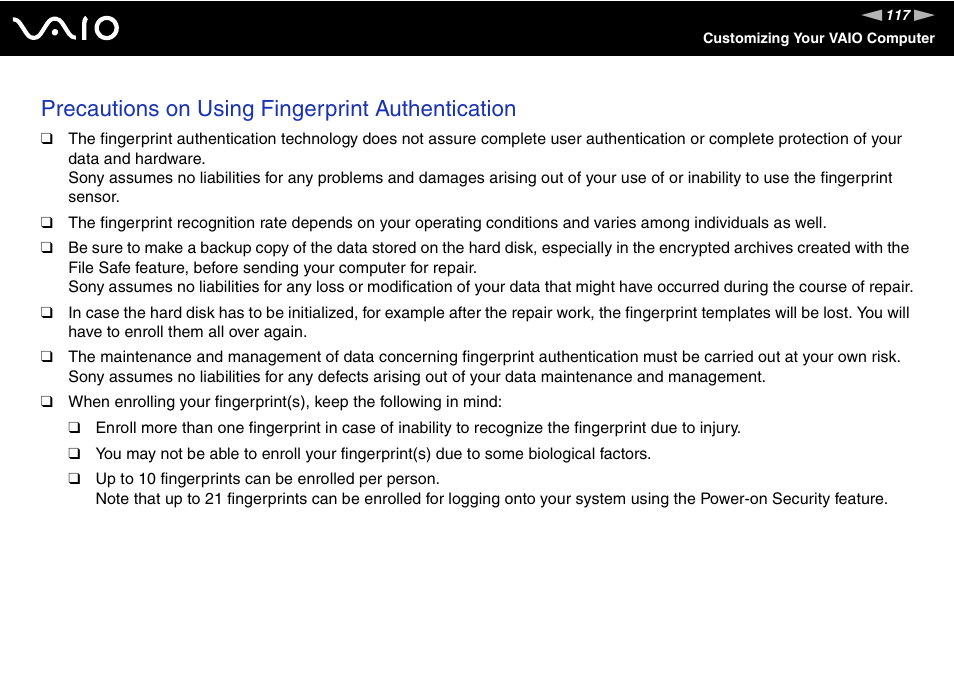 Precautions on using fingerprint authentication | Sony VGN-SZ440 User Manual | Page 117 / 239
